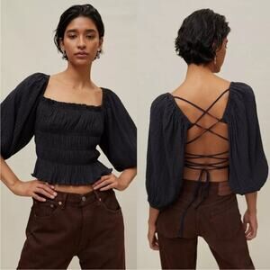 Urban Outfitters Vida Lace Up Smocked Top Ruffle Balloon Sleeve Backless Blouse